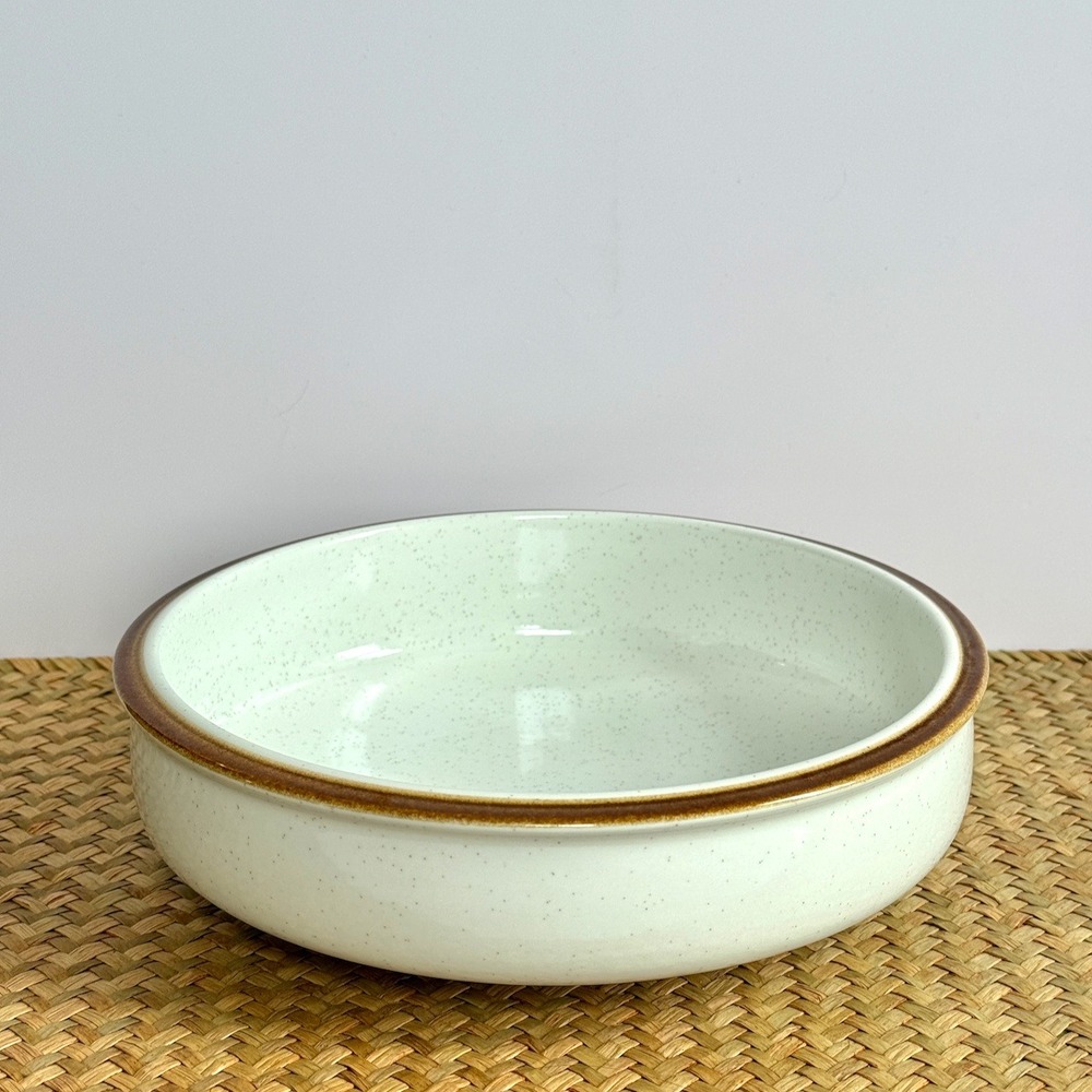 Mikasa Natural Beauty 1970s Serving Bowl Cream Speckled Brown Rim Japan